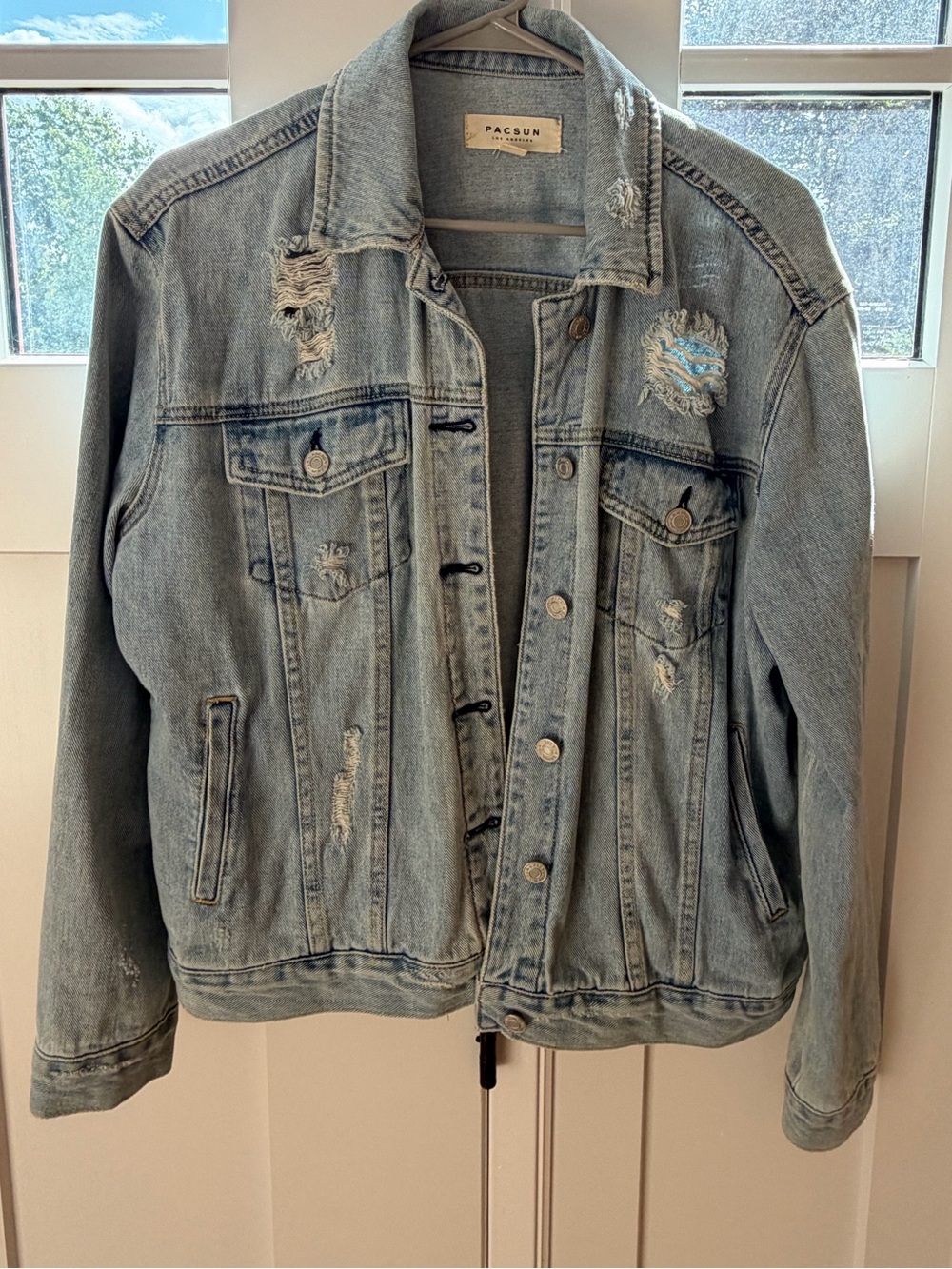PacSun Light Blue Distressed Denim Jean Jacket Unisex Large